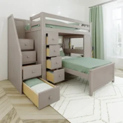 Jackpot! All-In-One Twin Study & Storage High Loft Bed W/ Staircase + Twin Lower Bed -Children's Products Chester 4 Stone Right Angle drawers Open 01410.1633302039