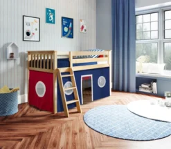 Jackpot Kids York 2 Twin Low Loft Bed W/ Red & Blue Play Curtain